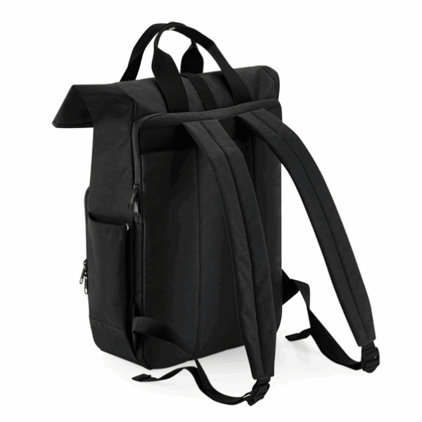 Mochila What reciclada negra con compartimento acolchado para portátil 15,6″ y cierre enrollable.