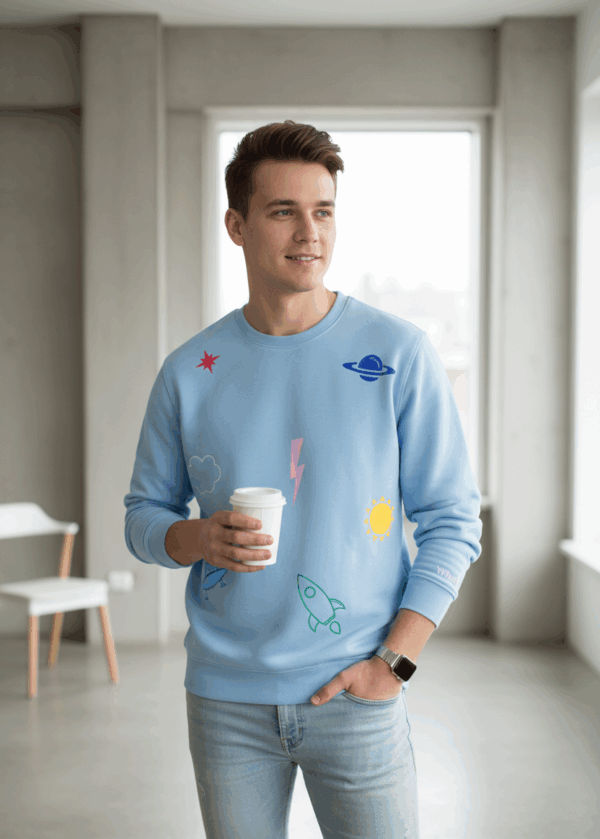 Modelo con sudadera azul cielo de cuello redondo, sin capucha, con motivos de planeta, cohete, sol y rayo; estilo casual en interior luminoso.