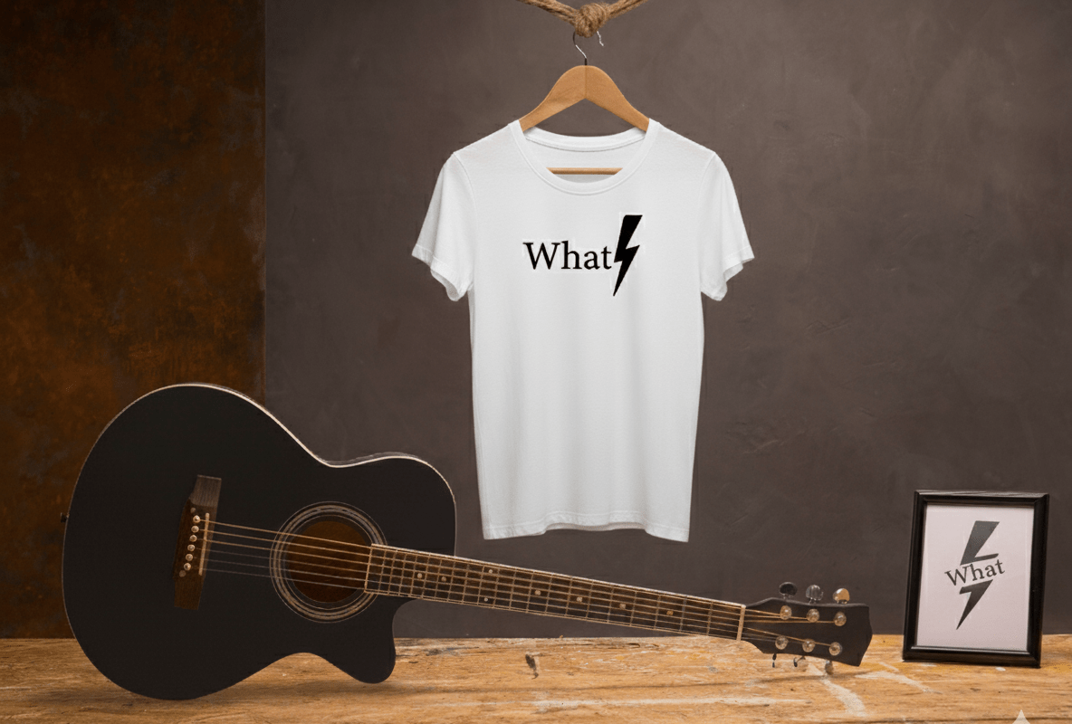Whatstyle ⚡ | Moda con actitud – Camisetas originales y energía creativa Camiseta blanca con el logo What⚡ colgada junto a una guitarra, representando el estilo auténtico y rebelde de la marca Whatstyle.