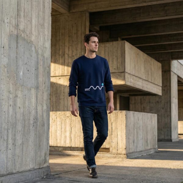 Modelo hombre caminando vistiendo sudadera azul marino unisex Frequency de WhatStyle. Look streetwear urbano sobre fondo de arquitectura de hormigón. Colección Metro Cero.